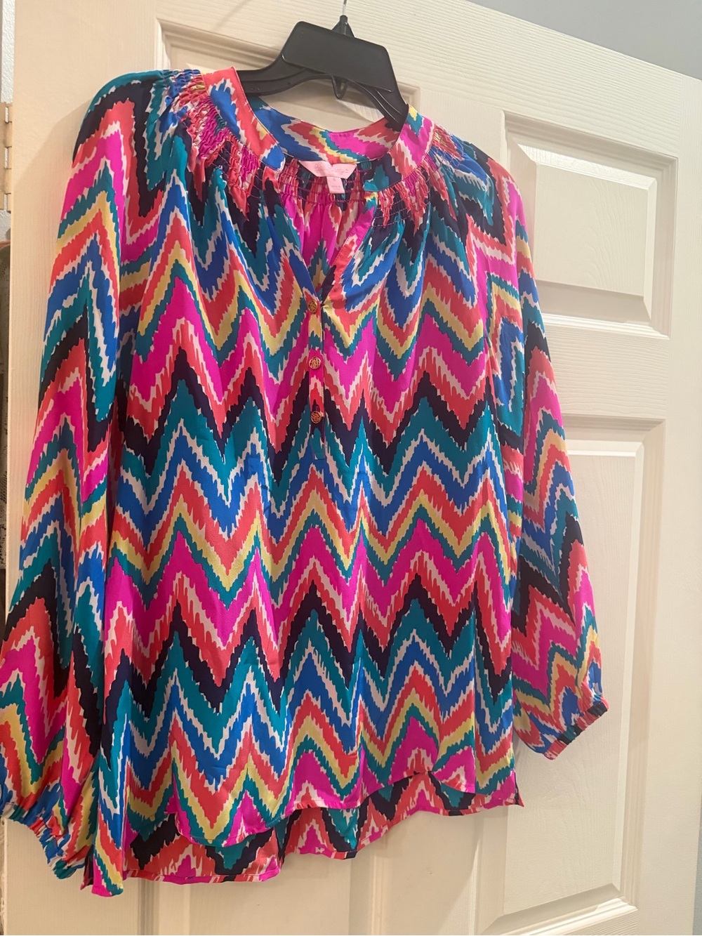 Lilly Pulitzer Vivid Chevron Smocked Neck Blouse - Pink Multi small